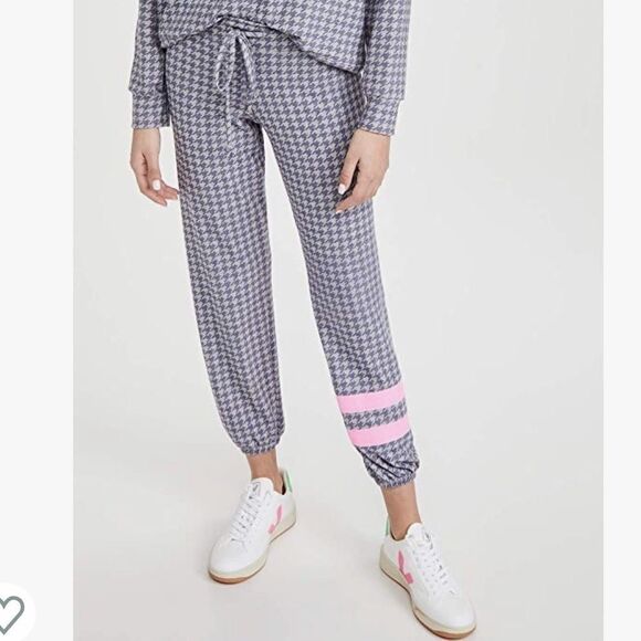 NWT SUNDRY Gray Blue Houndstooth Drawstring W/ Pink Ankle Stripes Sweatpants M - Picture 1 of 10